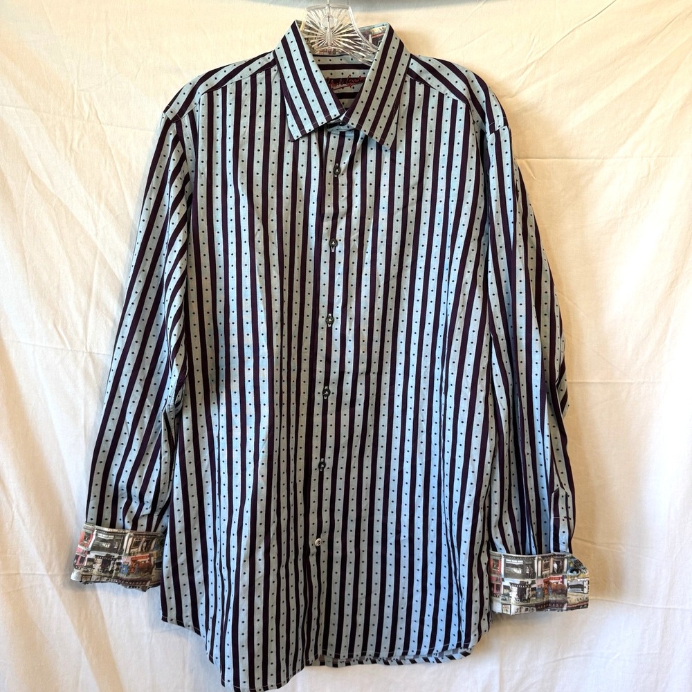 Robert Graham Button Down Shirt Mens Large Blue Brown Striped Contrast Cuff Dot - Picture 2 of 11